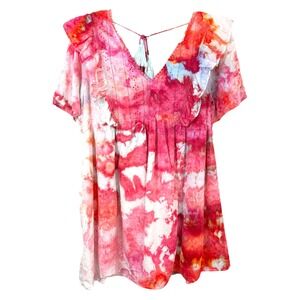 Umgee Small Dress Handmade Tie Dye Ruffle Short Sleeve Mini‎ Pink White 1322